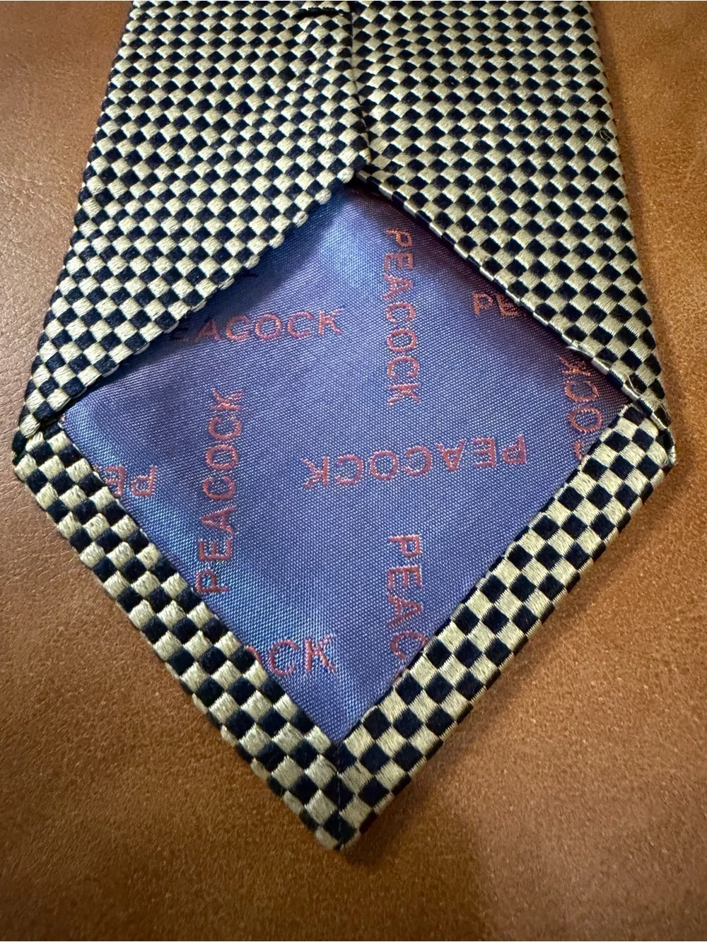 Peacock Pure Silk Handmade Tie in Cream/Gold & Black Grid Parttern